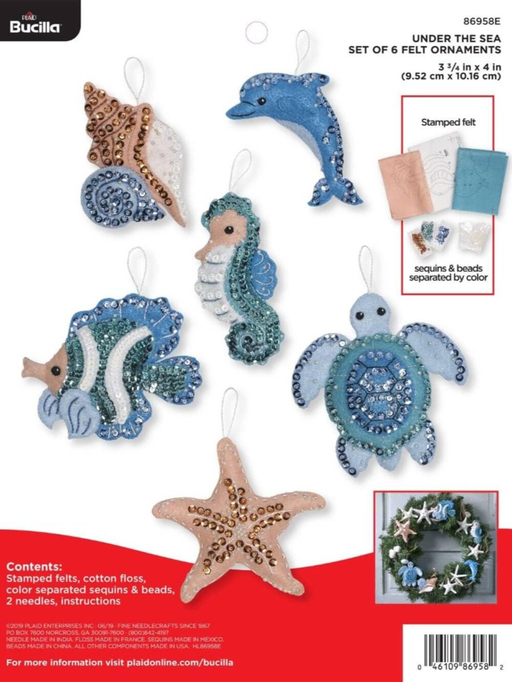 Felt Applique Kit, 6 Piece Holiday Ornament Kit, Under The Sea